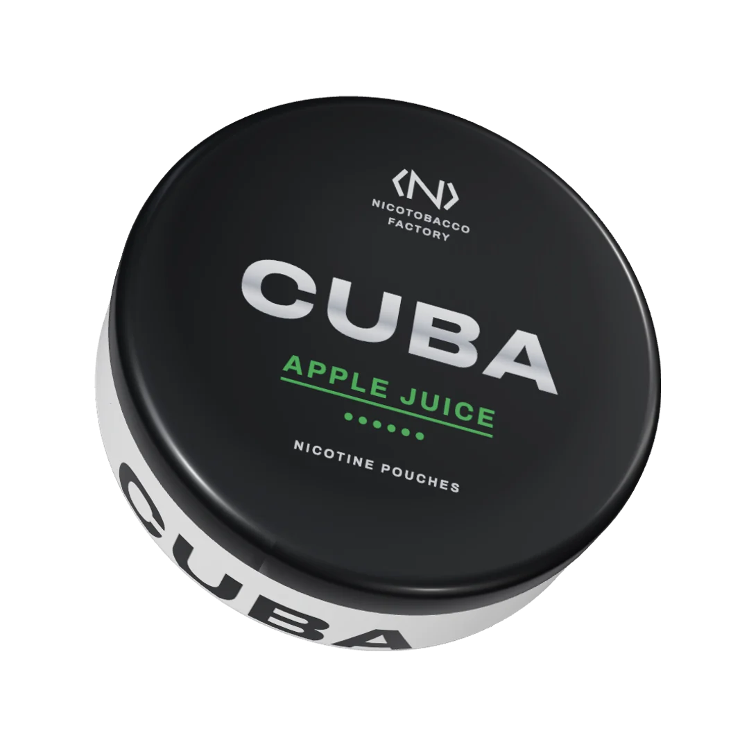 CUBA Apple Juice Strong nicotine pouch can, three-quarter view