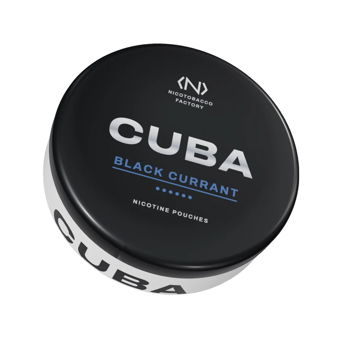 CUBA Black Currant Strong nicotine pouch can, three-quarter view
