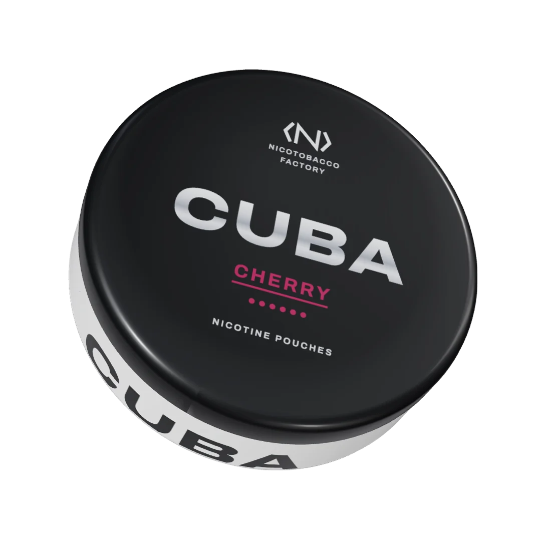 CUBA Cherry Strong nicotine pouch can, three-quarter view