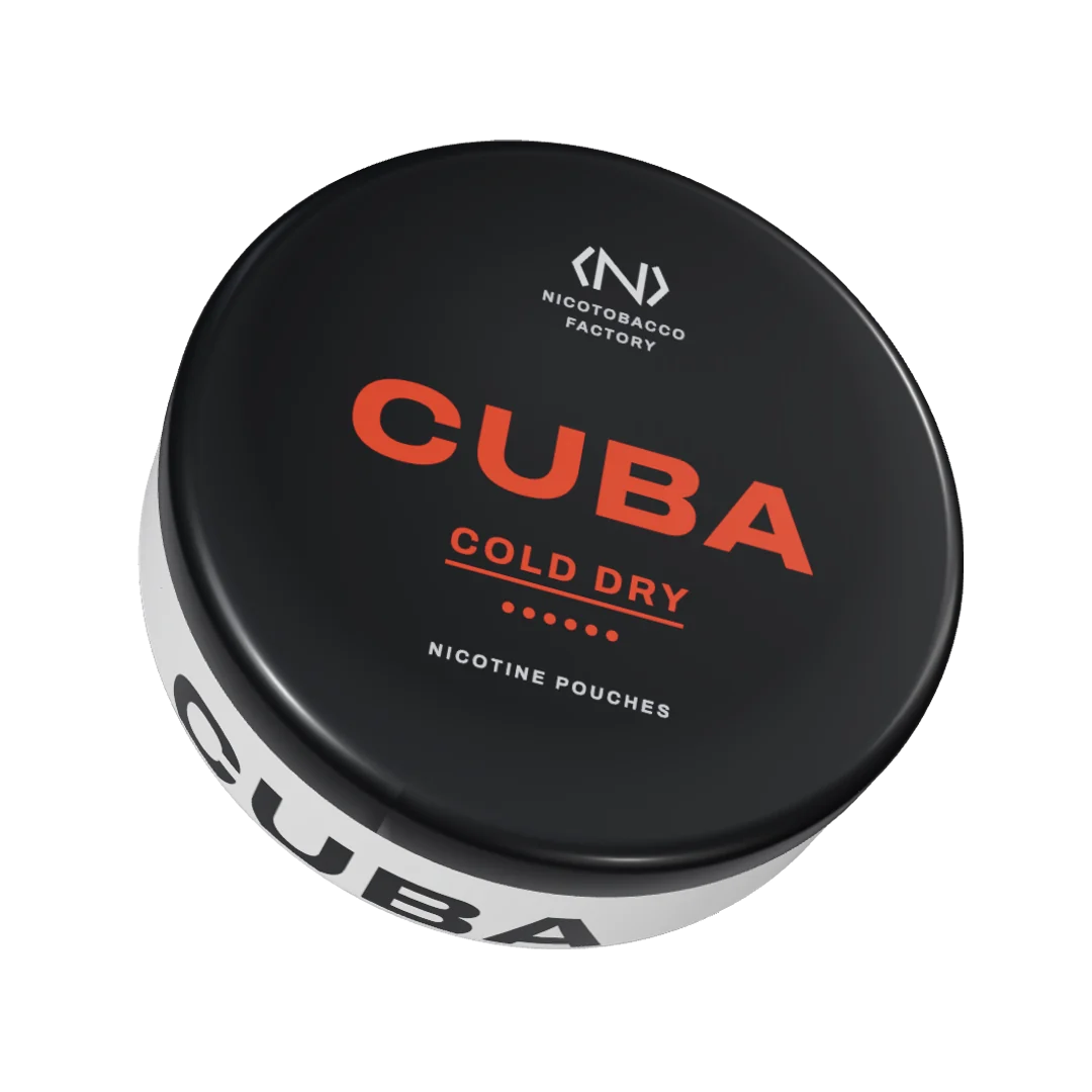 CUBA Cold Dry Strong nicotine pouch can, three-quarter view