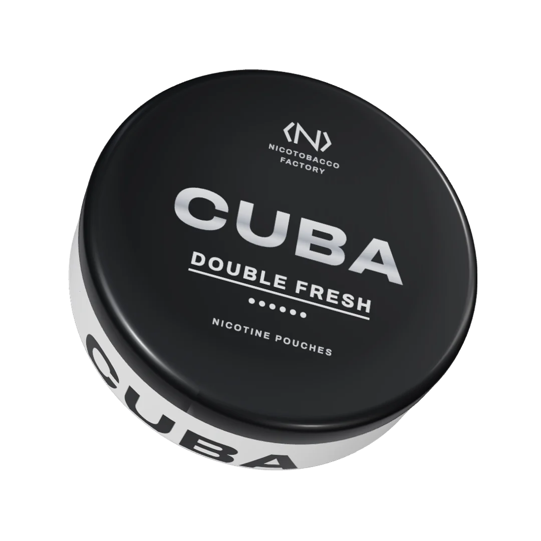 CUBA Double Fresh Strong nicotine pouch can, three-quarter view