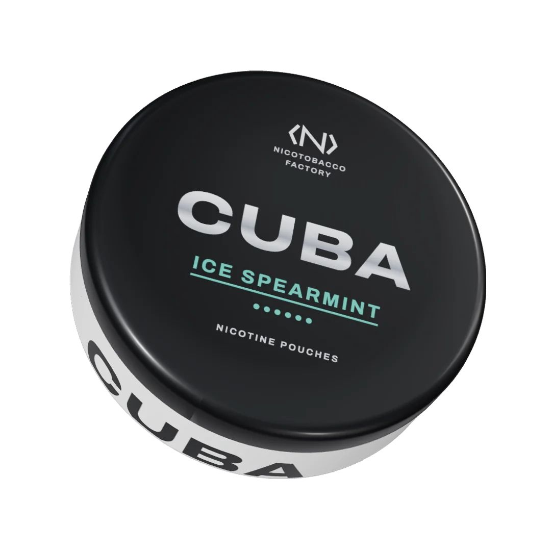 CUBA Ice Spearmint Strong nicotine pouch can, three-quarter view