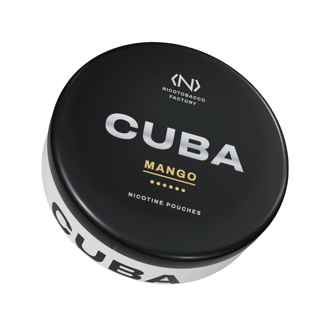 CUBA Mango Strong nicotine pouch can, three-quarter view