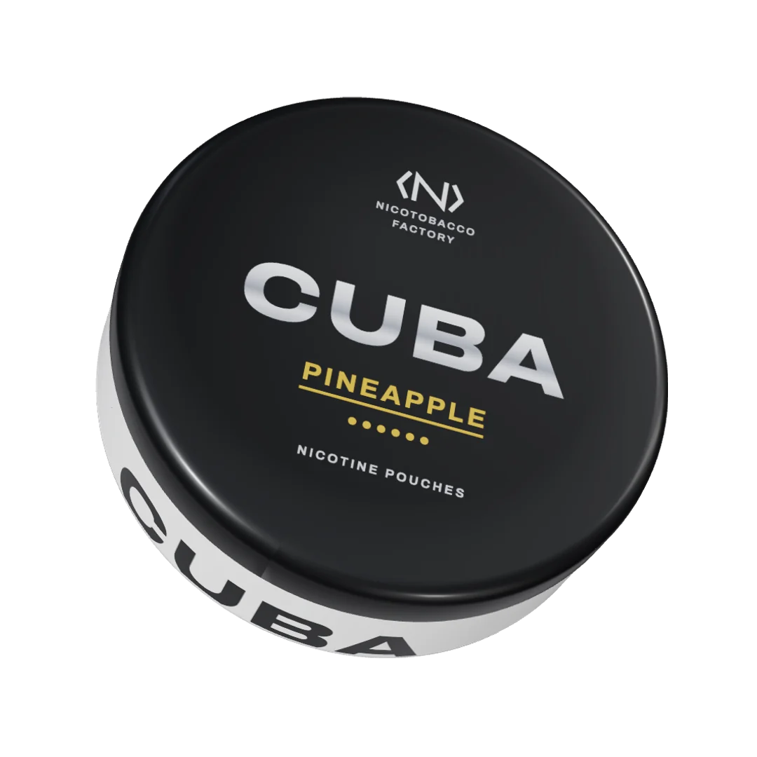 CUBA Pineapple Strong nicotine pouch can, three-quarter view