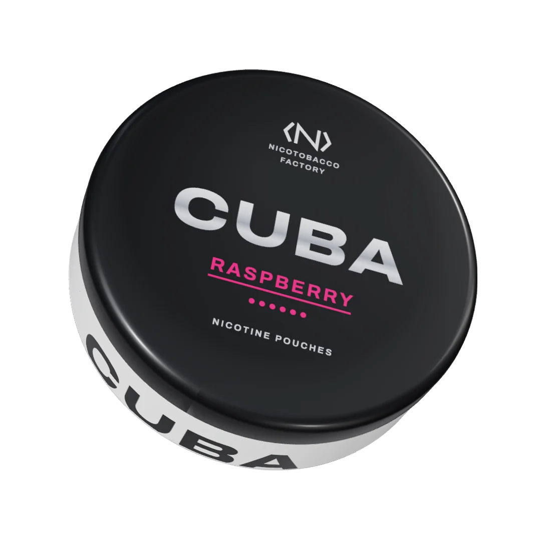 CUBA Raspberry Strong nicotine pouch can, three-quarter view