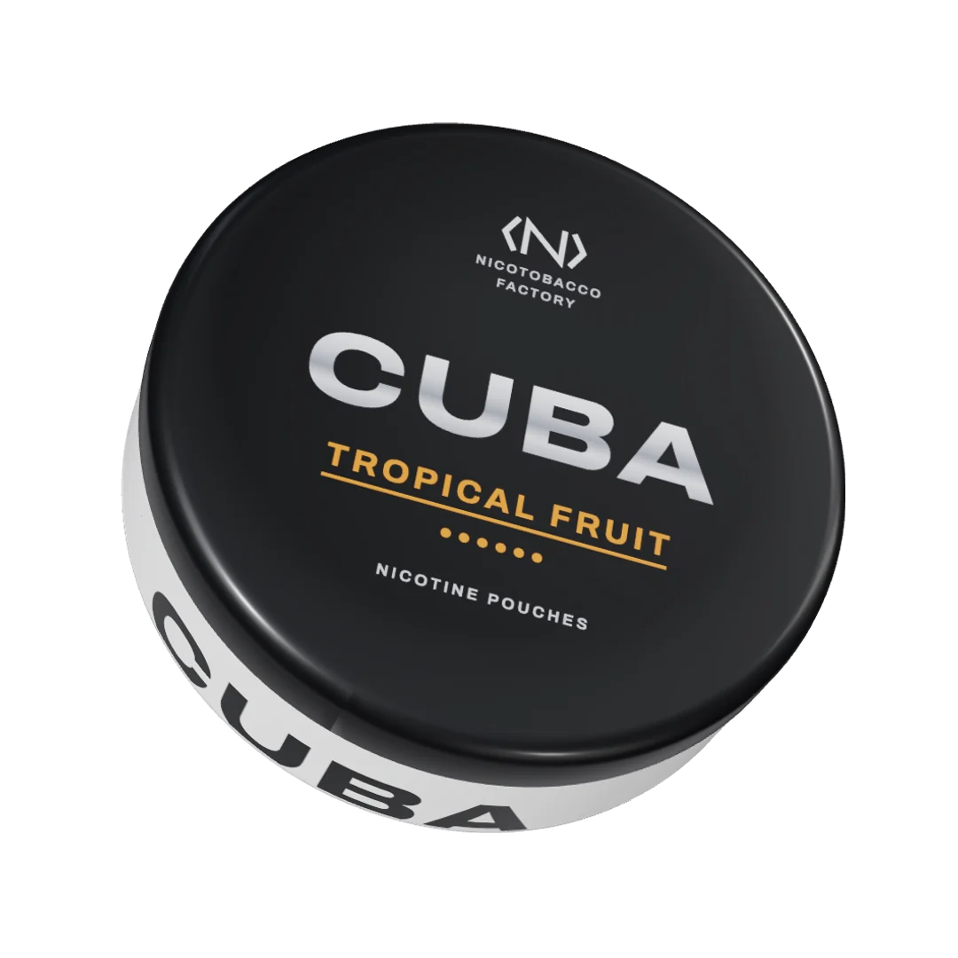 CUBA Tropical Fruit Strong nicotine pouch can, three-quarter view