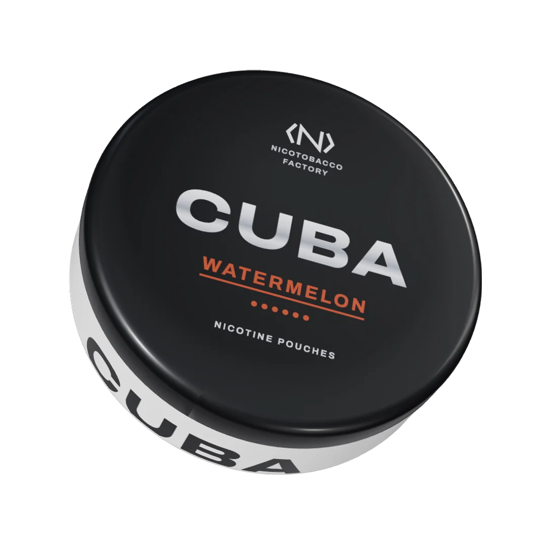 CUBA Watermelon Strong nicotine pouch can, three-quarter view