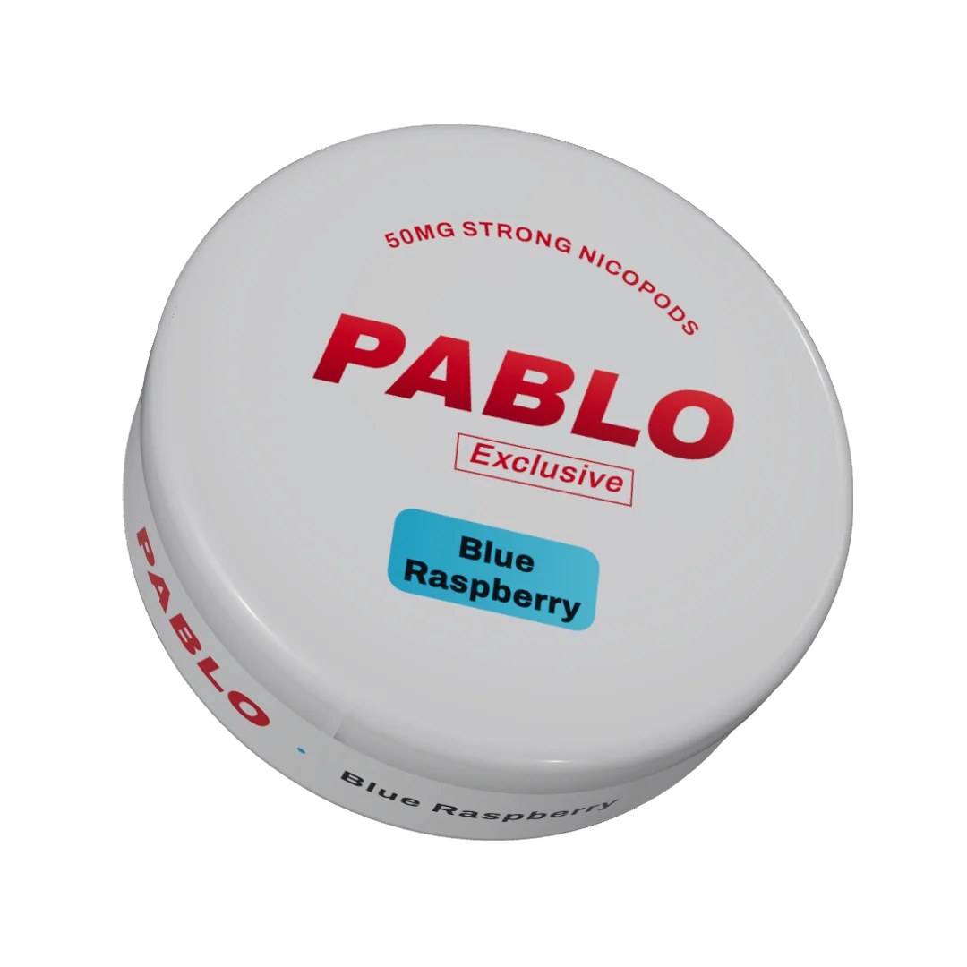 PABLO Exclusive Blue Raspberry nicotine pouch can, three-quarter view