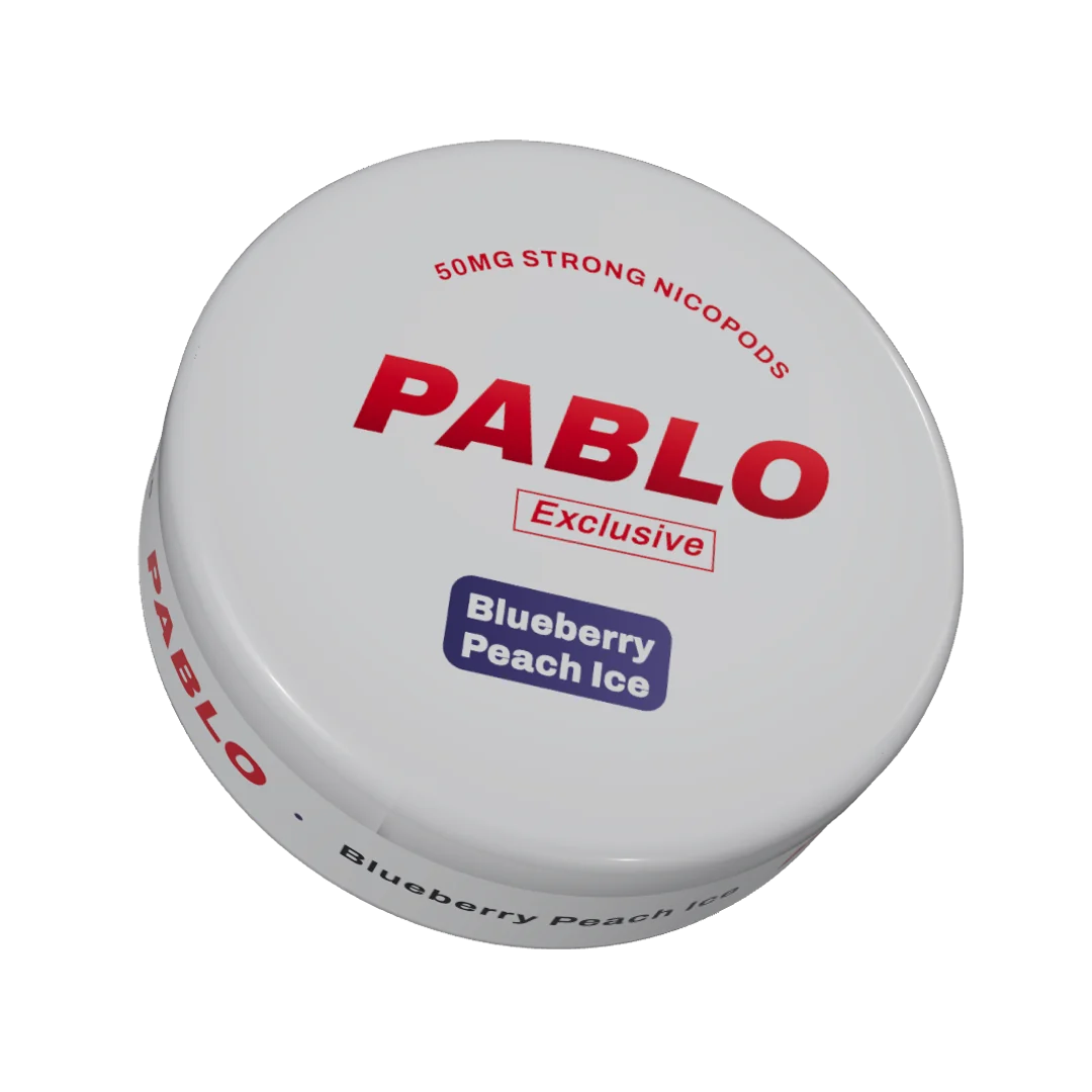 PABLO Exclusive Blueberry Peach Ice nicotine pouch can, three-quarter view