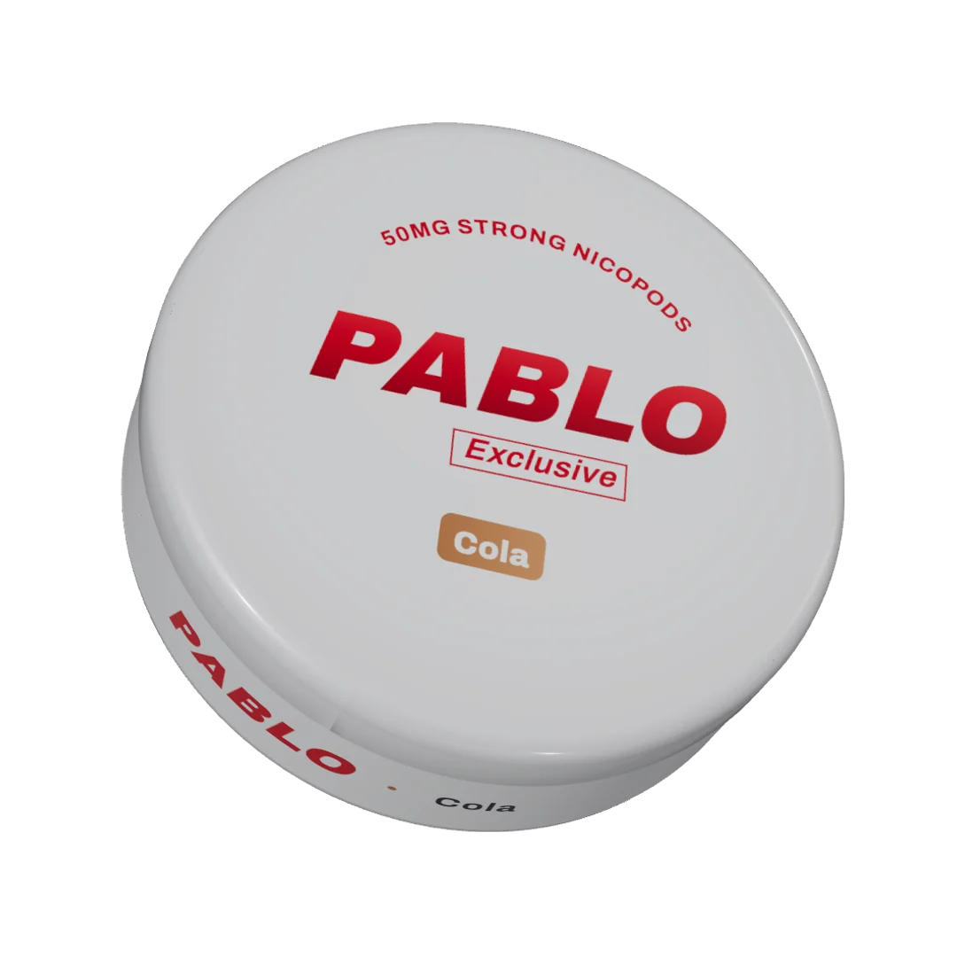 PABLO Exclusive Cola nicotine pouch can, three-quarter view