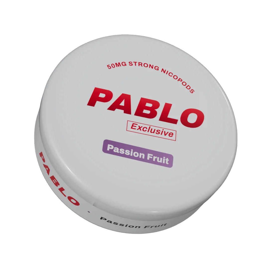 PABLO Exclusive Passion Fruit nicotine pouch can, three-quarter view