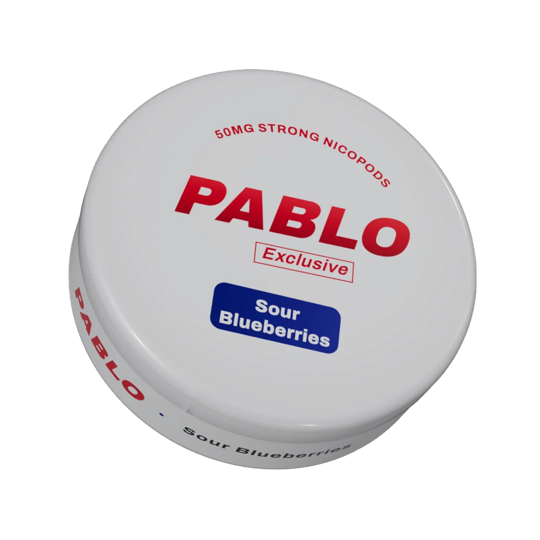 PABLO Exclusive Sour Blueberries nicotine pouch can, three-quarter view