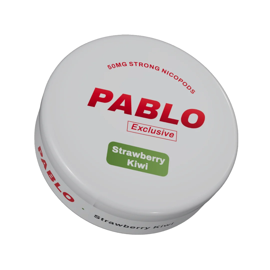 PABLO Exclusive Strawberry Kiwi nicotine pouch can, three-quarter view