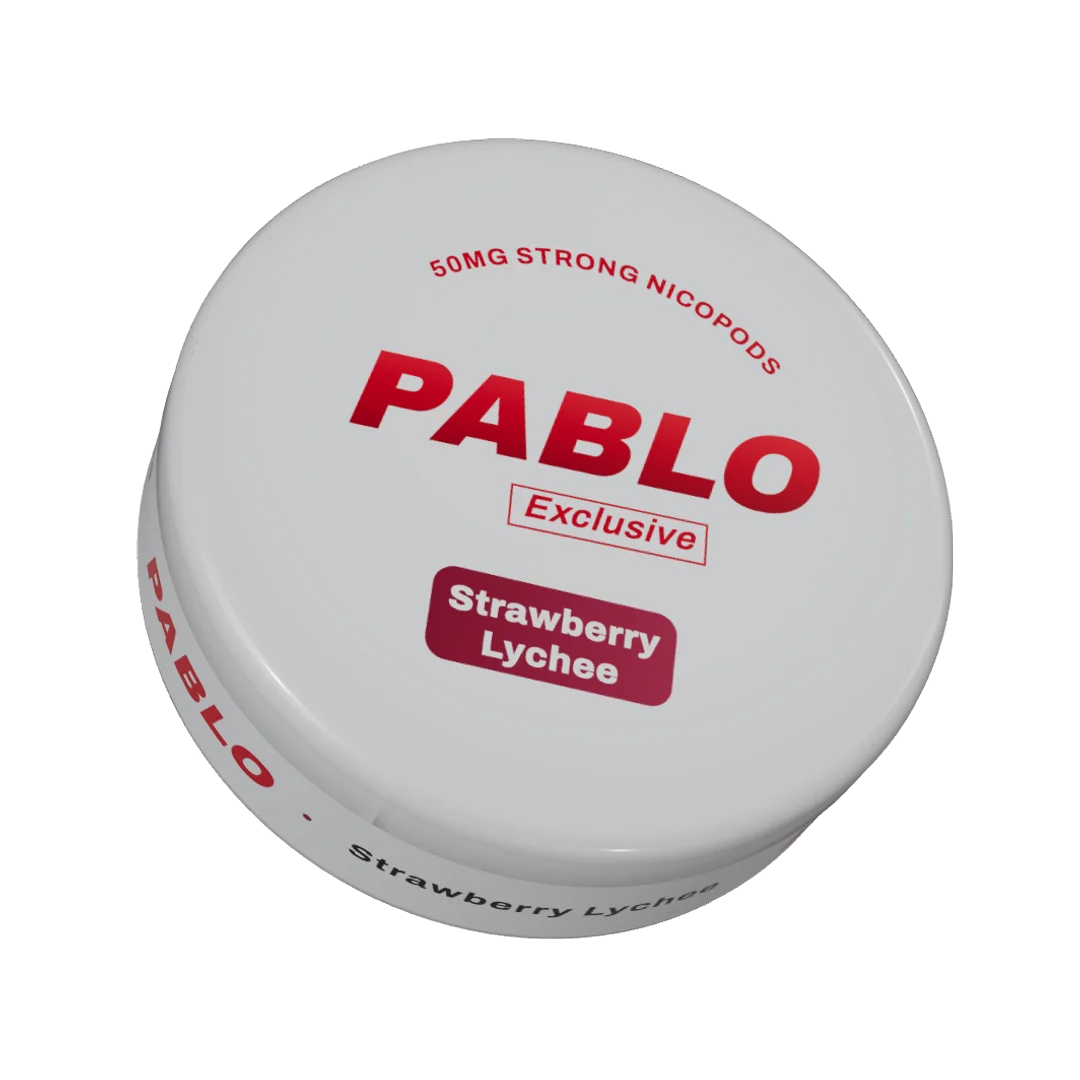 PABLO Exclusive Strawberry Lychee nicotine pouch can, three-quarter view